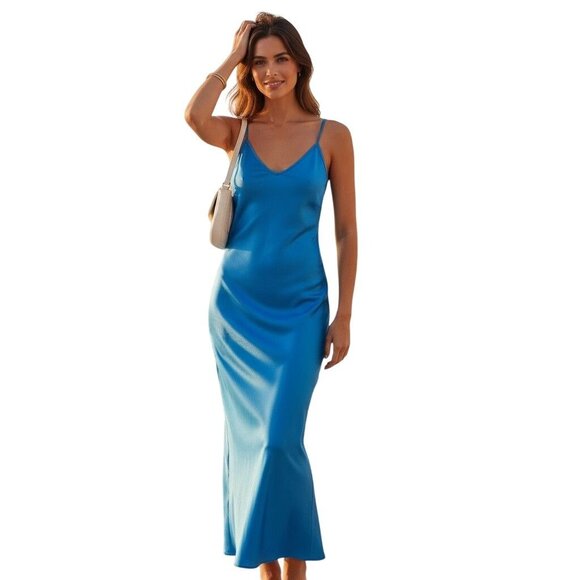 Enza Costa Bias Cut Slip Dress in Pool Blue NWOT -  Size XS - Picture 1 of 8